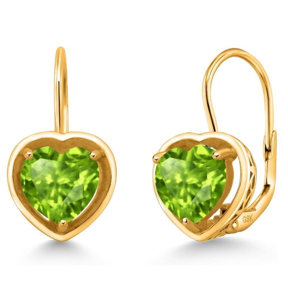 18K Yellow Gold 925 with 2.40 Cttw 7MM Peridot Heart Leverback Drop Earrings